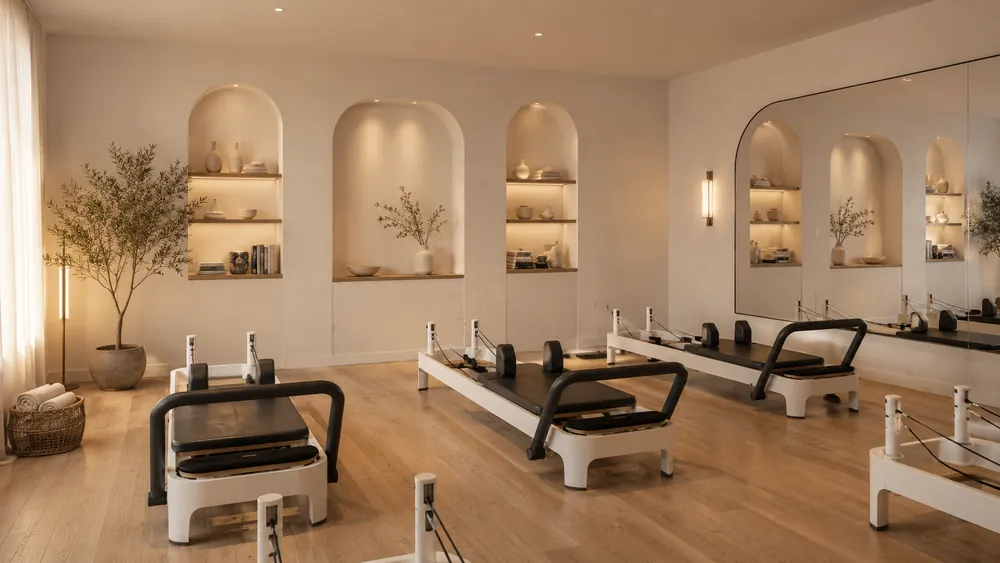 Reformer beds beside arched alcoves in a boutique Pilates studio