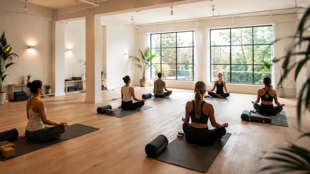 A seated class in a light-filled studio