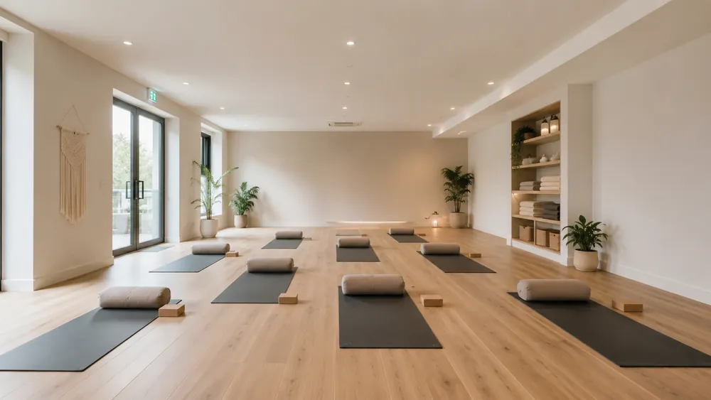 A mat studio with bolsters laid out on a timber floor